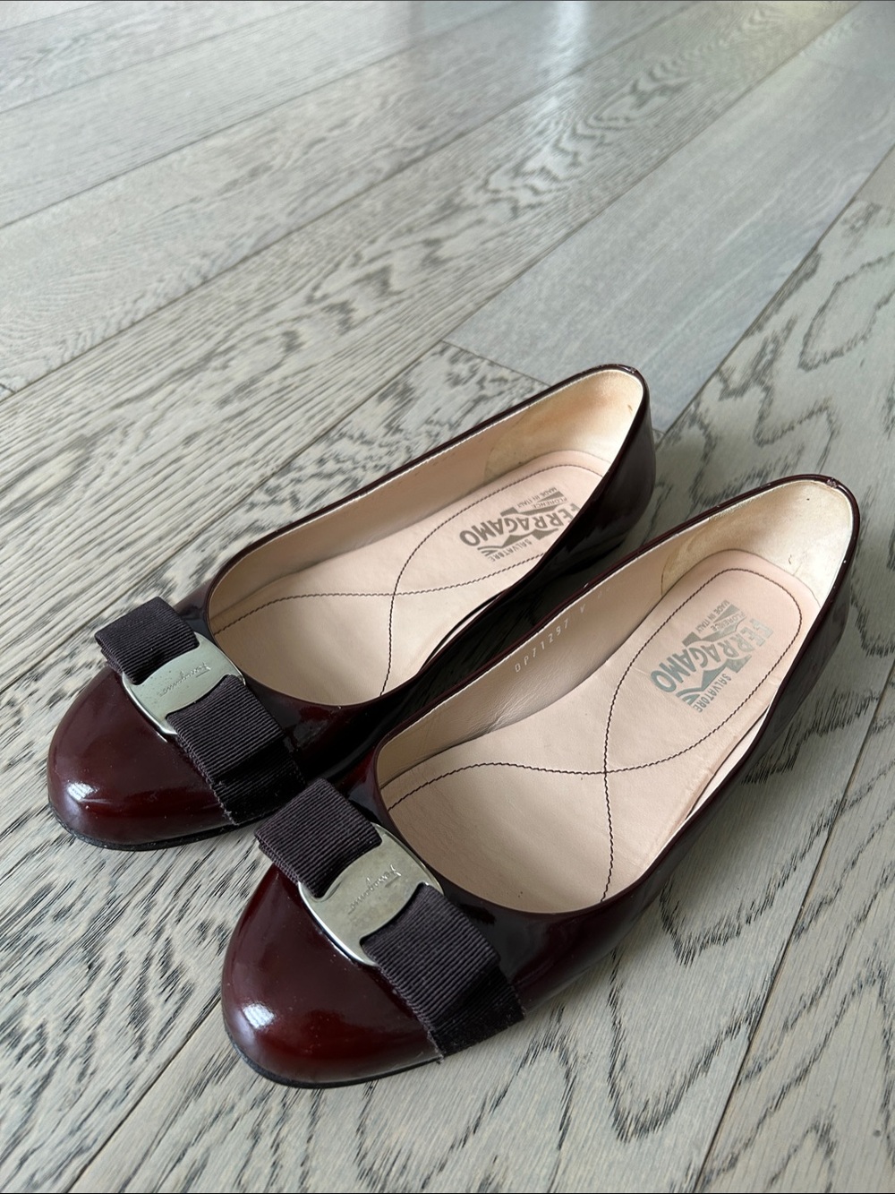 Salvatore Ferragamo Burgundy Patent Leather Vara Bow Flats